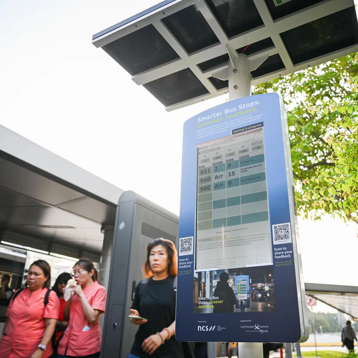 A solar-powered bus display that is up for testing and feedback, near Little India MRT station on May 11.
