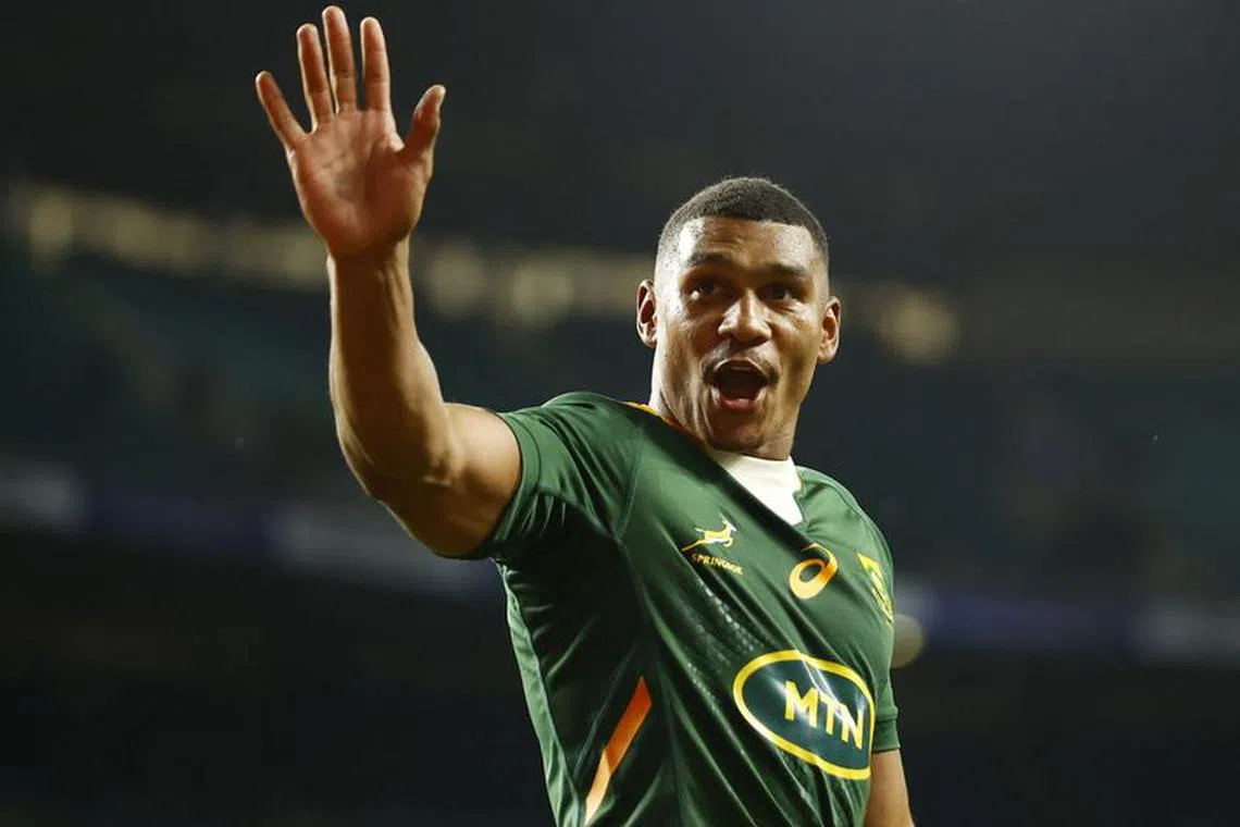 FILE PHOTO: Rugby Union - International - England v South Africa - Twickenham Stadium, London, Britain - November 26, 2022 South Africa's Damian Willemse celebrates after the match Action Images via Reuters/Andrew Boyers/File photo