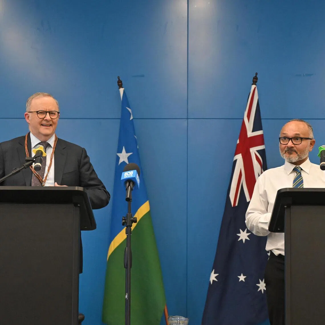 Australian Prime Minister Anthony Albanese (left), who arrived on July 7 in the Solomon Islands capital Honiara, was greeted by newly elected Prime Minister Matthew Wale.