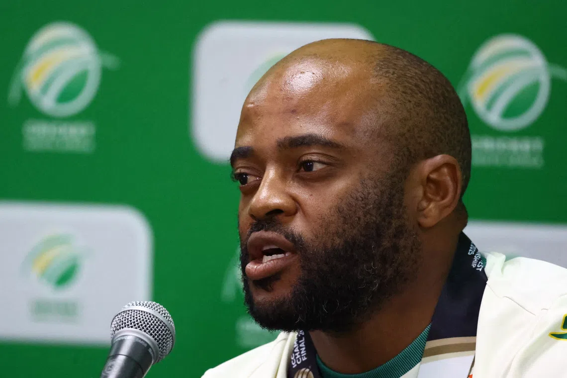 Cricket - South Africa return home after historic World Test Championship win - Cricket South Africa, Melrose, Johannesburg, South Africa - June 18, 2025 South Africa's Temba Bavuma during a press conference REUTERS/Siphiwe Sibeko
