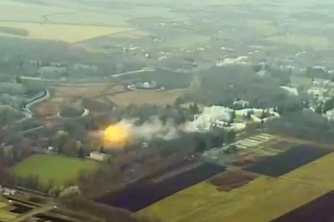 A still image from a video posted to social media on Nov 20 and attributed to the Ukrainian military shows an explosion in Russia's Kursk region.