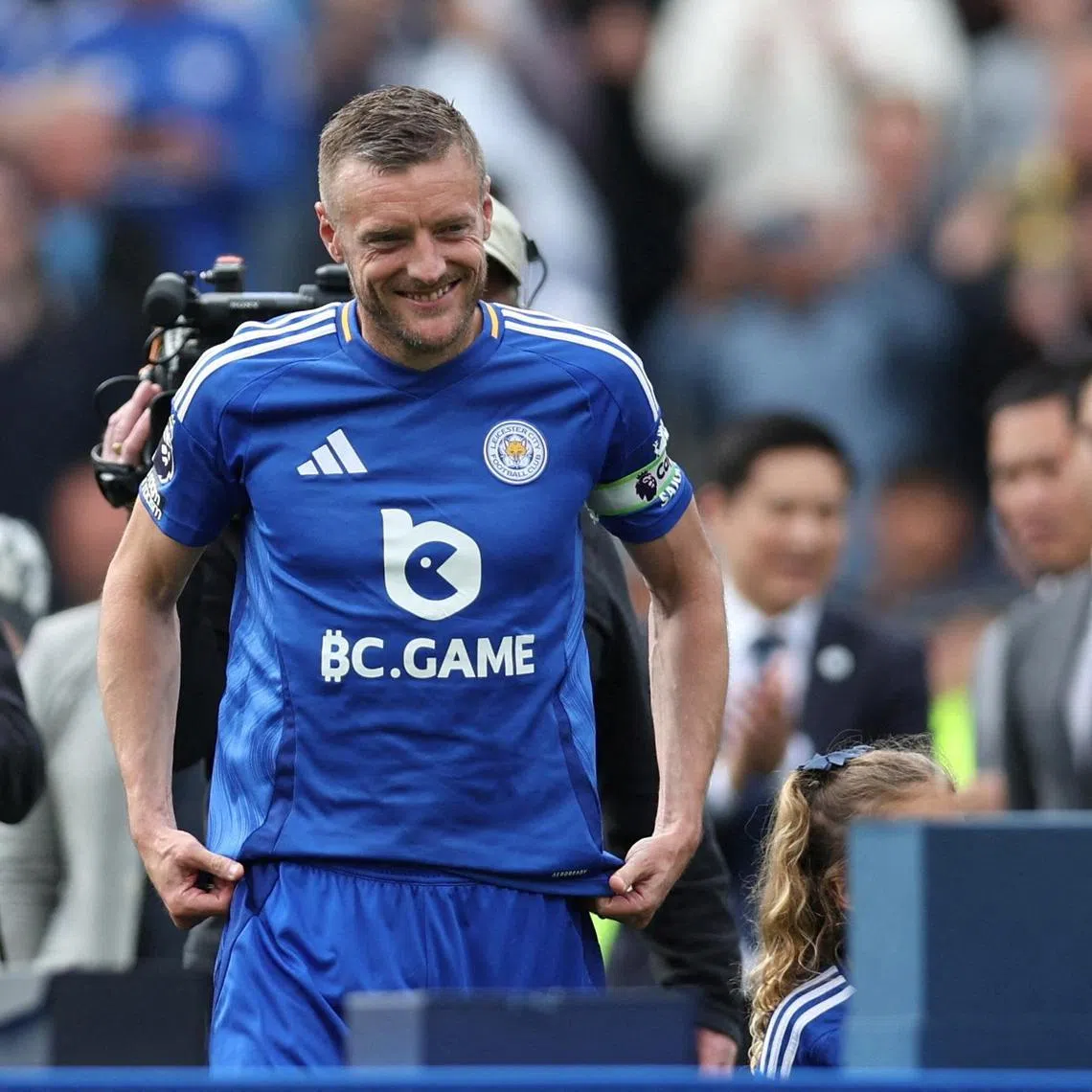 Leicester City's Jamie Vardy with his family on the pitch in May 2025, during a presentation after his last match for Leicester City.