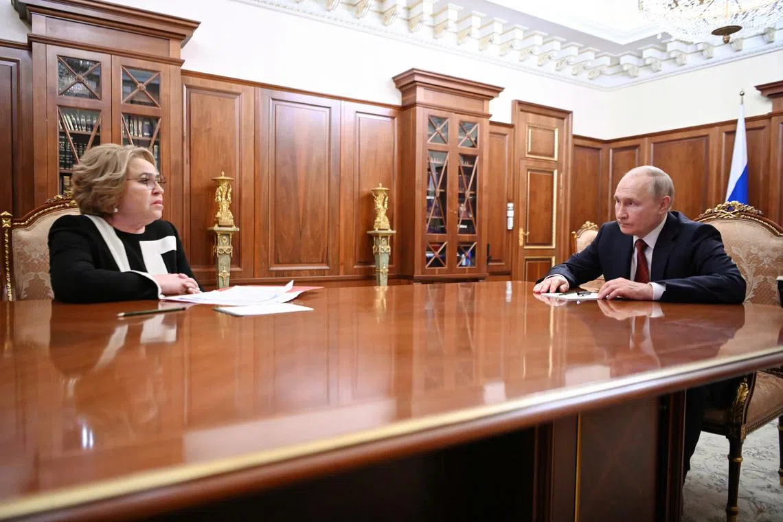 FILE PHOTO: Russian President Vladimir Putin meets with Russian Federation Council Speaker Valentina Matviyenko at the Kremlin in Moscow, Russia August 1, 2023. Sputnik/Alexander Kazakov/Kremlin via REUTERS/File Photo