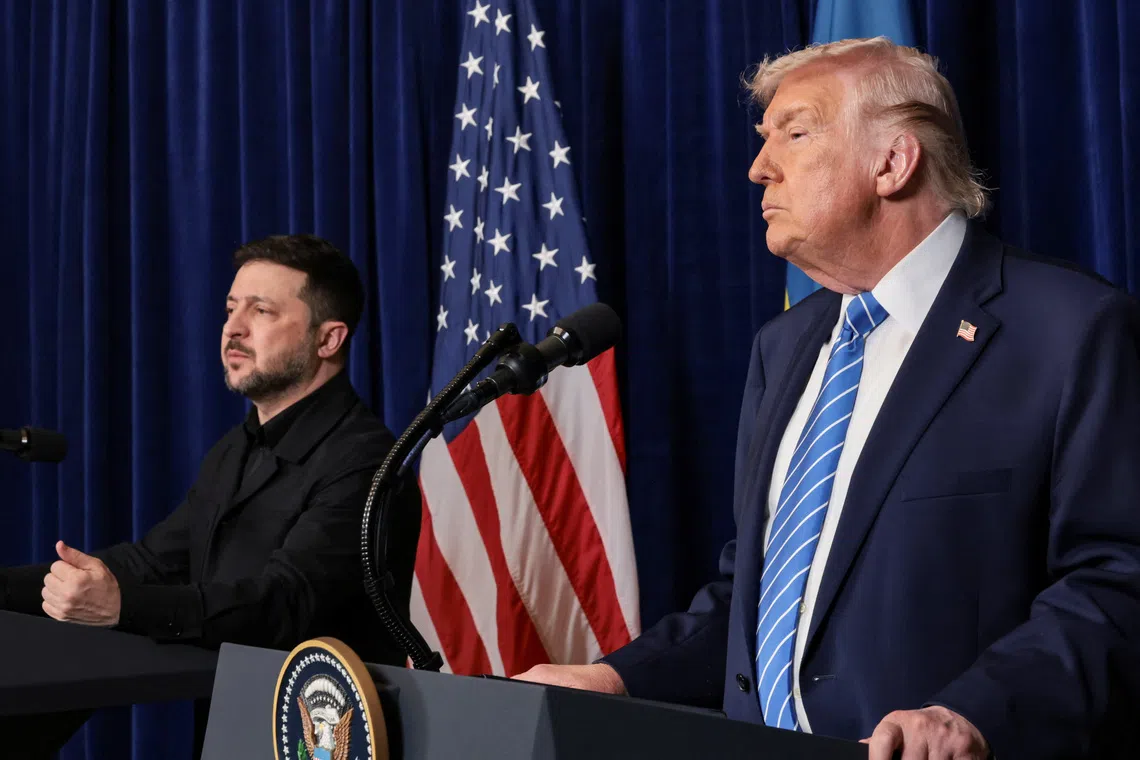 U.S. President Donald Trump and Ukrainian President Volodymyr Zelenskiy hold a press conference after their lunch meeting at Trump’s Mar-a-Lago club, in Palm Beach, Florida, U.S., December 28, 2025. REUTERS/Jonathan Ernst
