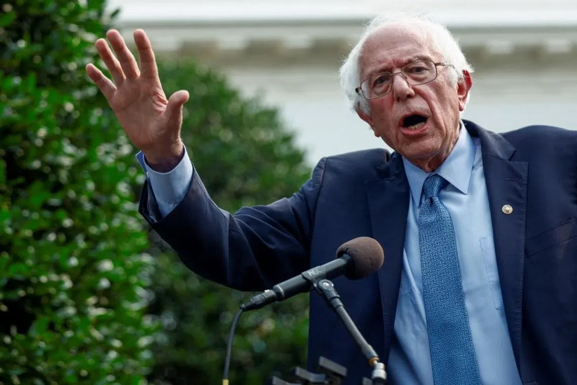 U.S. Senator Bernie Sanders (I-VT) speaks to the media following a meeting with U.S. President Joe Biden at the White House in Washington, U.S., July 17, 2023. REUTERS/Evelyn Hockstein/File Photo