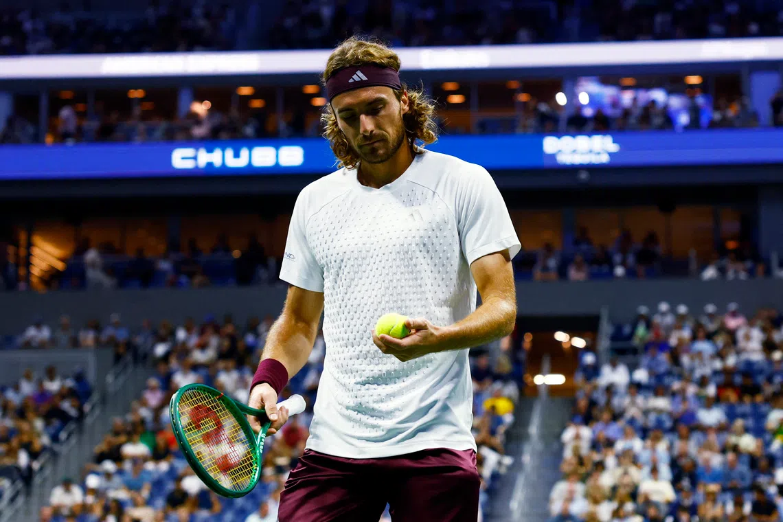 Tennis - U.S. Open - Flushing Meadows, New York, United States - September 6, 2026 Greece's Stefanos Tsitsipas reacts during his round of 16 match against Ben Shelton of the U.S. REUTERS/Jeenah Moon