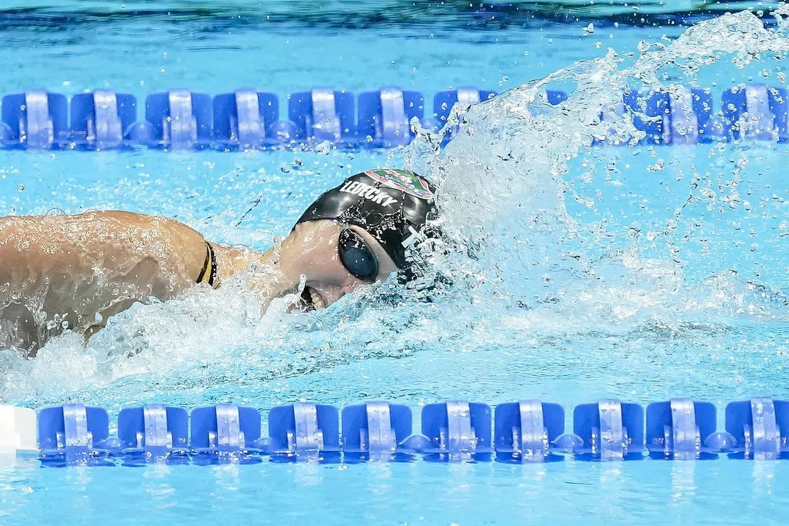 Jun 15, 2024; Indianapolis, Indiana, USA; Katie Ledecky competes in the women's 400 meter freestyle swim on Saturday, June 15, 2024, during prelims for the Olympic Swimming Trials at Lucas Oil Stadium in Indianapolis. Mandatory Credit: Grace Hollars-USA Today Network/ File Photo