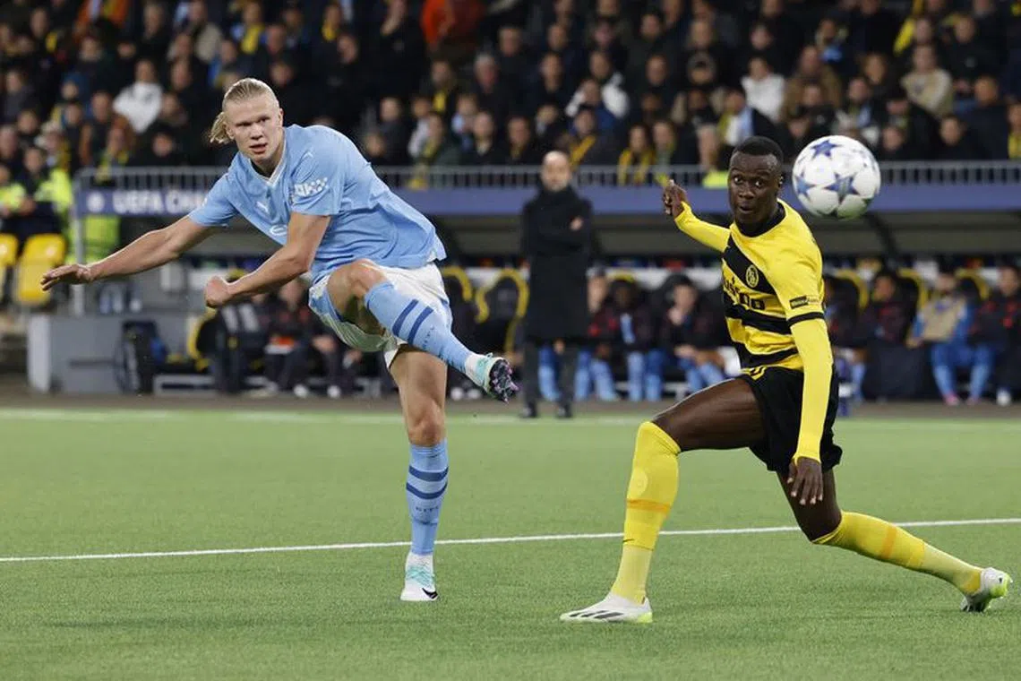 Soccer Football - Champions League - Group G - BSC Young Boys v Manchester City - Stadion Wankdorf, Bern, Switzerland - October 25, 2023 Manchester City's Erling Braut Haaland scores their third goal REUTERS/Stefan Wermuth