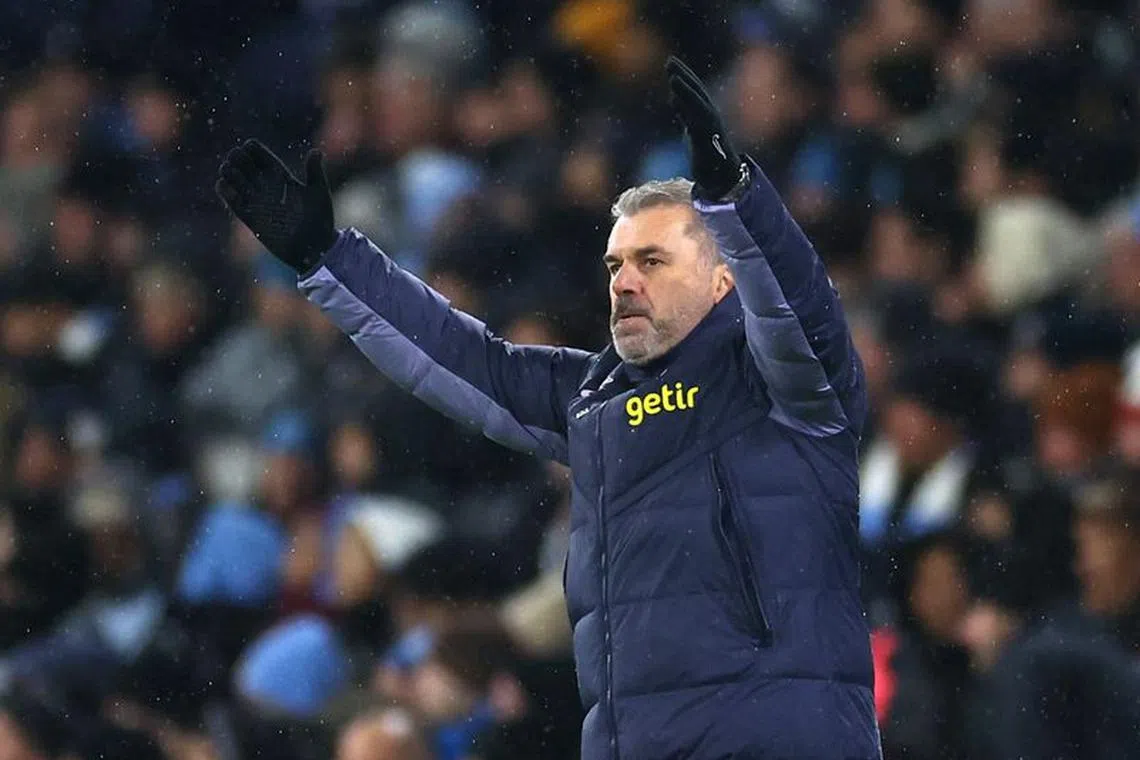 Soccer Football - Premier League - Manchester City v Tottenham Hotspur - Etihad Stadium, Manchester, Britain - December 3, 2023 Tottenham Hotspur manager Ange Postecoglou celebrates after Dejan Kulusevski scores their third goal REUTERS/Carl Recine/ File photo