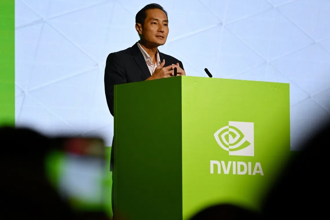 Senior Minister of State for Digital Development and Information Tan Kiat How speaking at the NVIDIA AI Day conference on Sept 23.