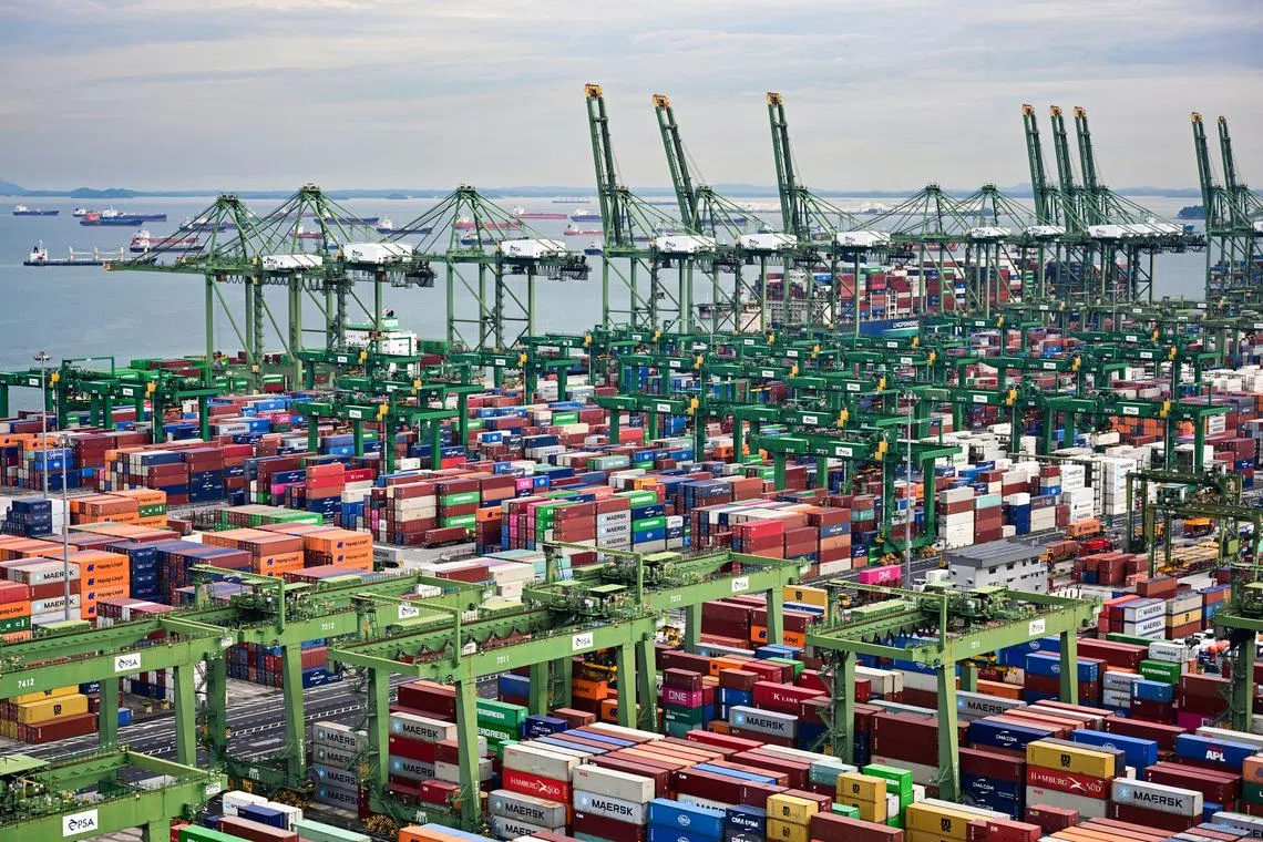 Image 4: Container vessels and oil tankers in the fairway and rows of containers and fully-automated electric yard crane system at Pasir Panjang Terminal.