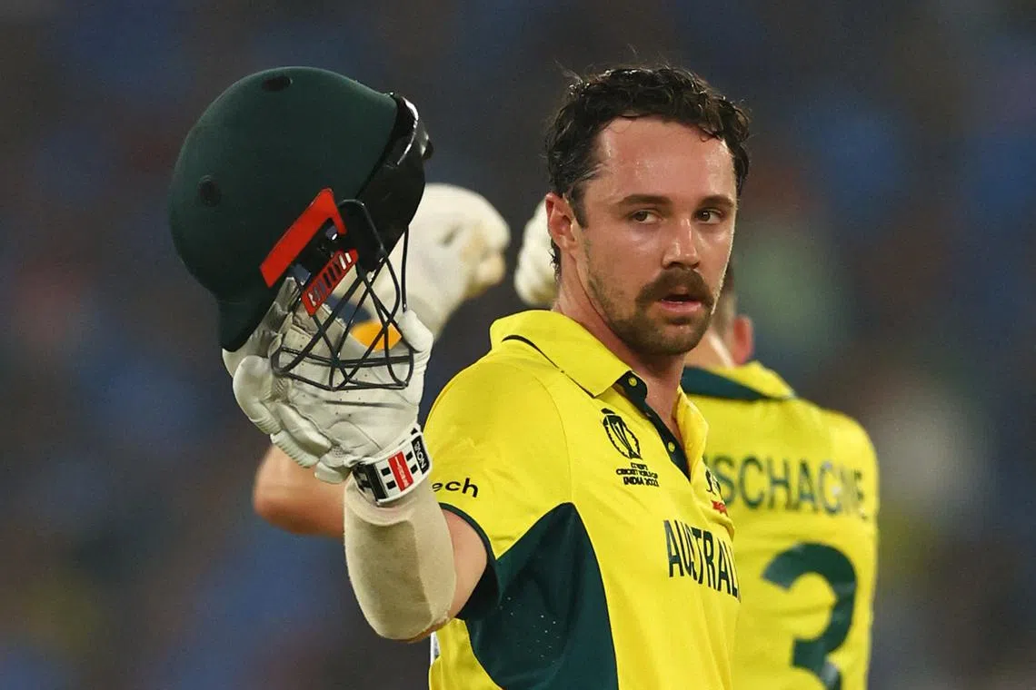 FILE PHOTO: Cricket - ICC Cricket World Cup 2023 - Final - India v Australia - Narendra Modi Stadium, Ahmedabad, India - November 19, 2023 Australia's Travis Head celebrates after reaching his century REUTERS/Andrew Boyers/File Photo