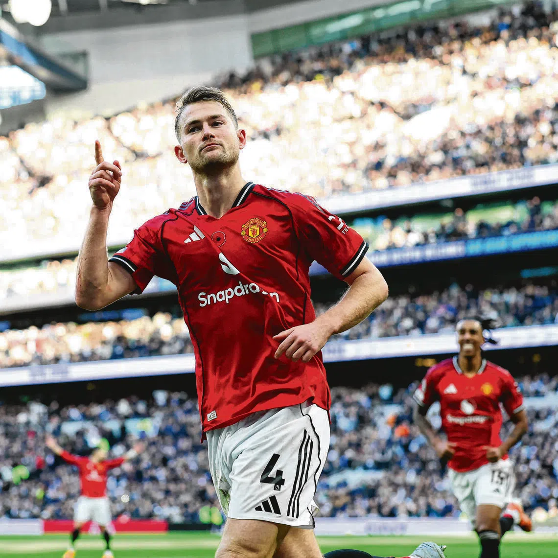 Manchester United's Matthijs de Ligt celebrates scoring their second goal in the 2-2 draw against Tottenham Hotspur.