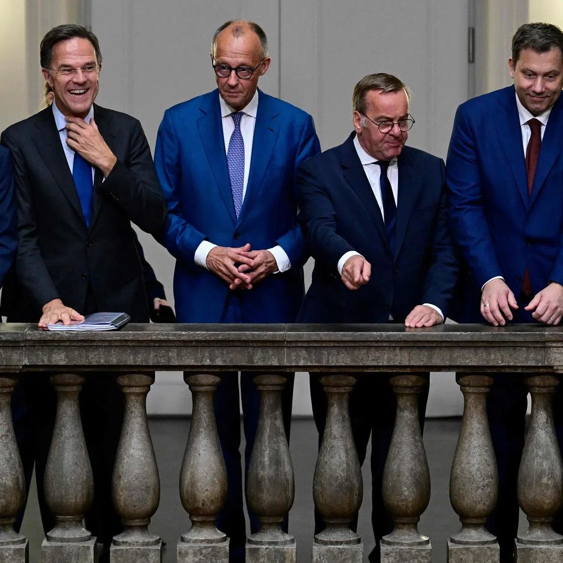 (From left) German Interior Minister Alexander Dobrindt, NATO Secretary General Mark Rutte, German Chancellor Friedrich Merz, German Defence Minister Boris Pistorius, German Finance Minister and Vice Chancellor Lars Klingbeil and German Economy and Energy Minister Katherina Reiche.