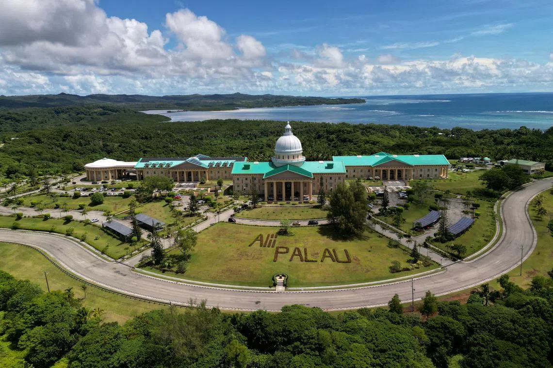 FILE PHOTO: A drone view of Palau’s national Capitol Building, in Ngerulmud, Palau April 11, 2025. REUTERS/Hollie Adams/File Photo