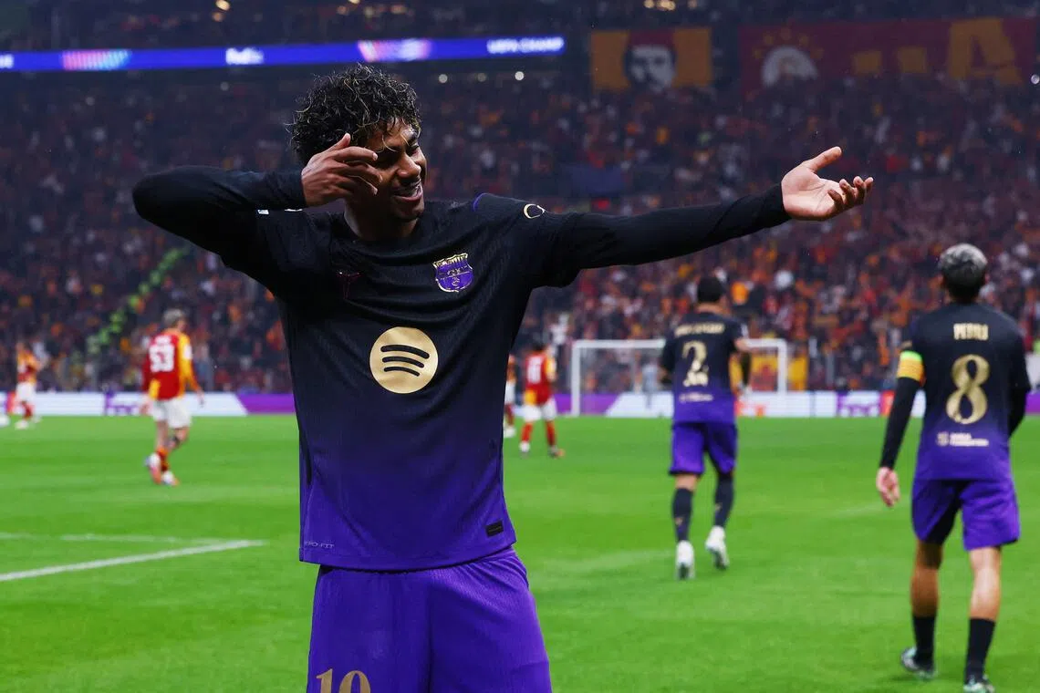 Lamine Yamal celebrates Barcelona’s third goal in the Champions League’s match against Galatasaray on Oct 13.