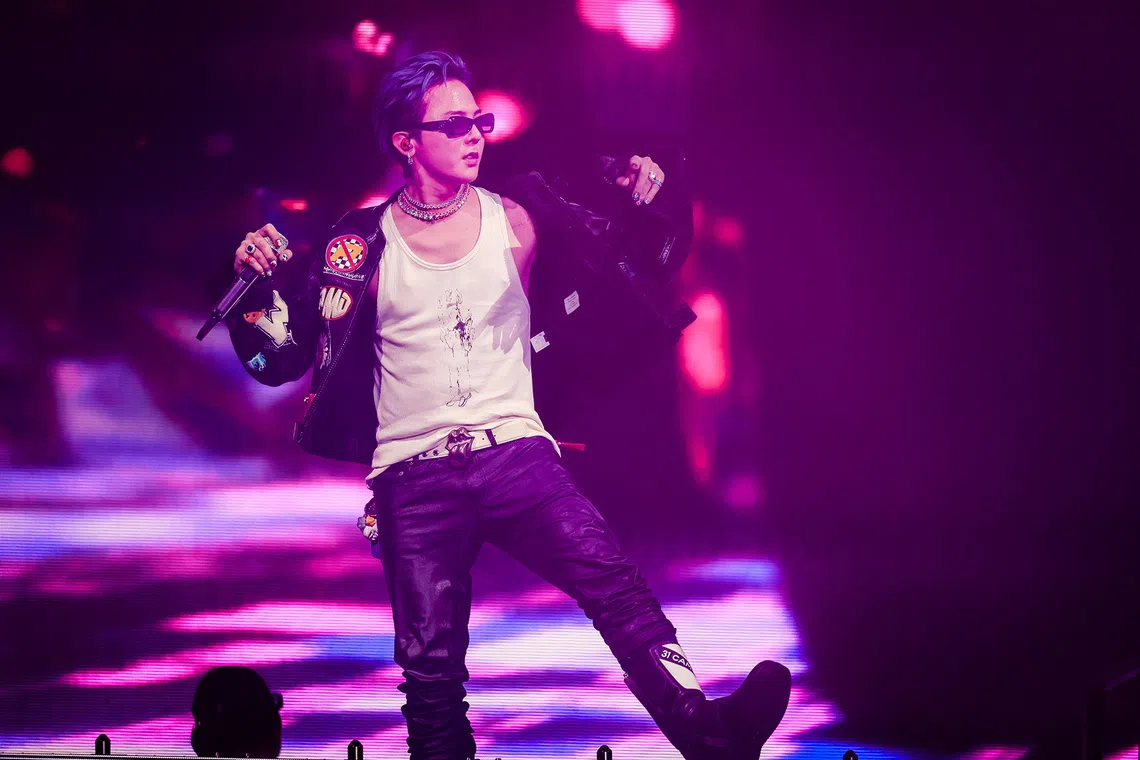 South Korean rapper-singer G-Dragon performing at the Padang stage on Oct 3, 2025.