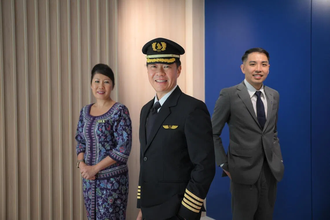 (From left) SIA inflight manager Gan Bee Bee, Captain Leonard Wee and Mr Colin Aw, acting manager of airport operations at SIA.