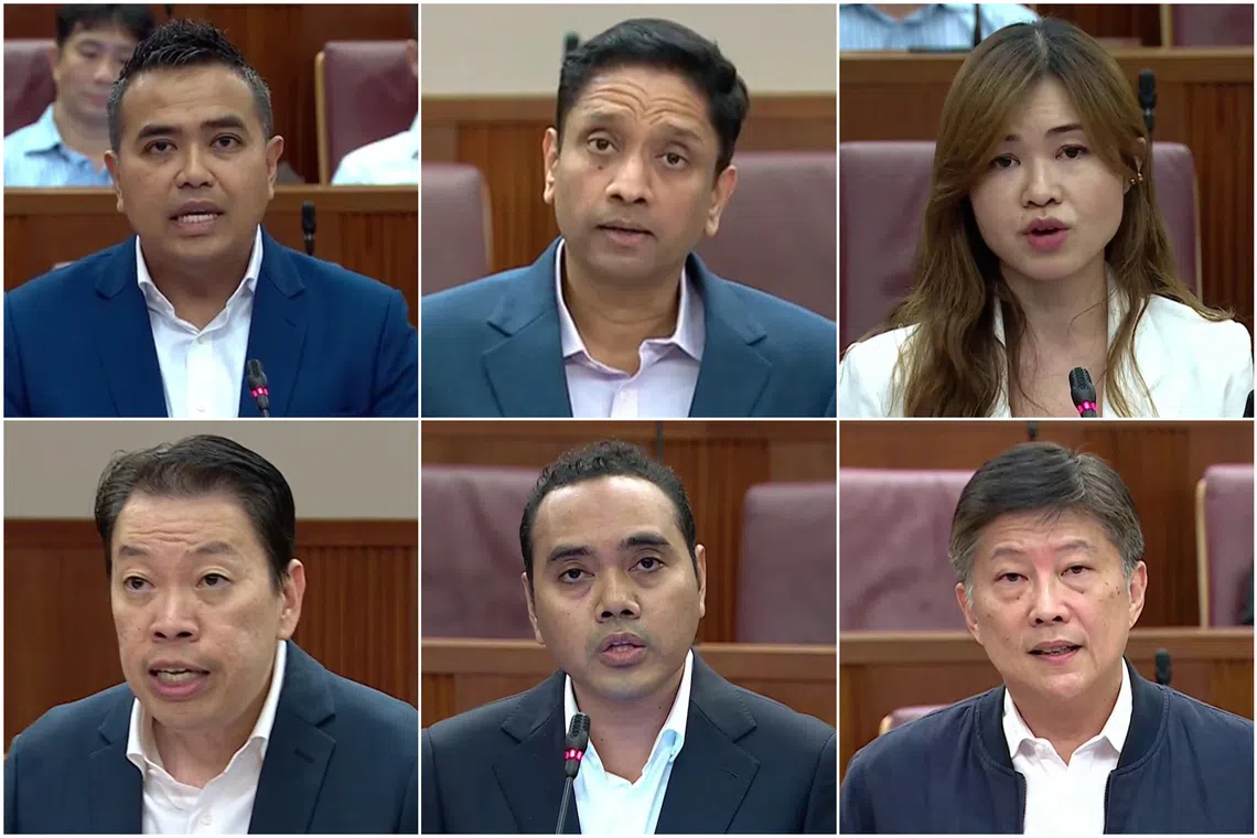 (Clockwise from top left) MPs Sharael Taha, Dinesh Vasu Dash, Tin Pei Ling, Ng Chee Meng, Zhulkarnain Abdul Rahim and Melvin Yong speaking in Parliament on Sept 22.