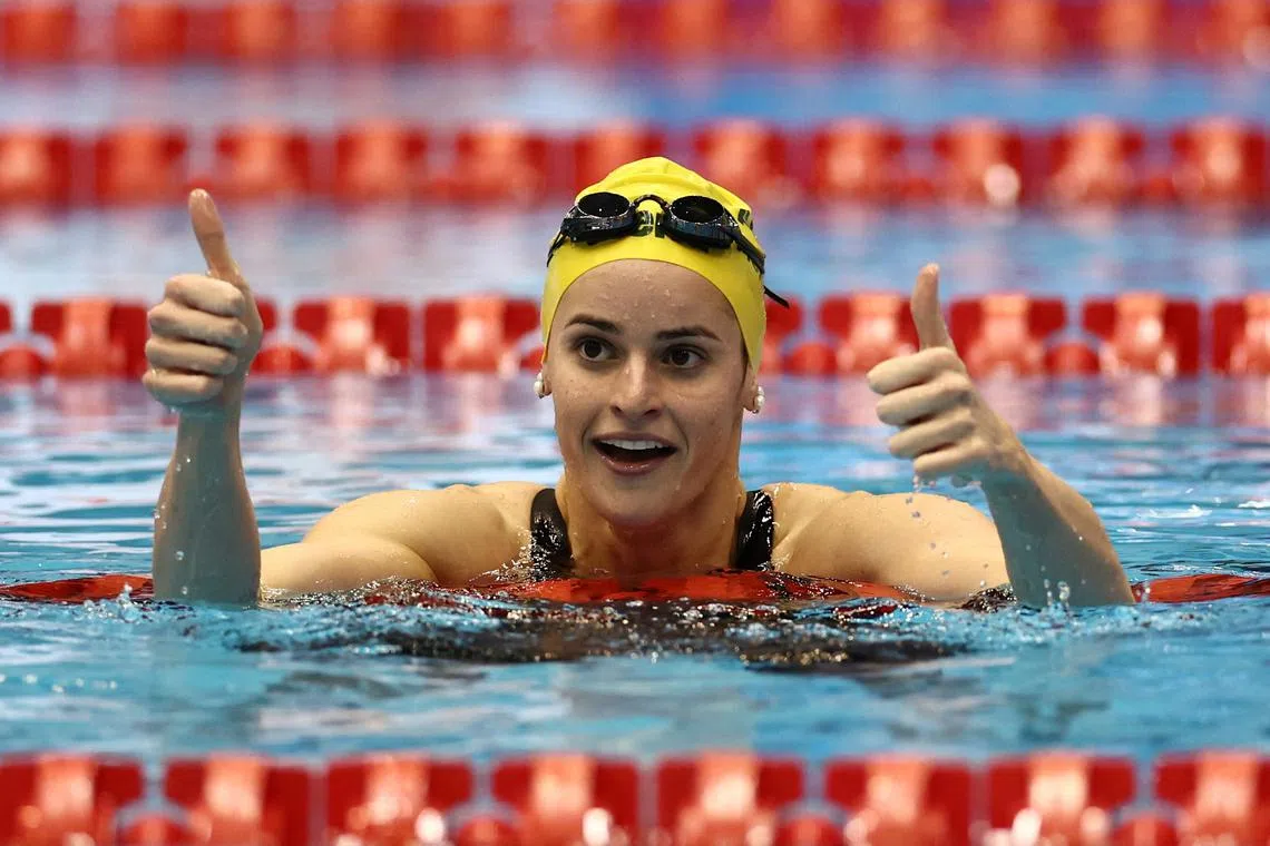 FILE PHOTO: Fukuoka 2023 World Aquatics Championships - Swimming - Marine Messe Fukuoka Hall A, Fukuoka, Japan - July 29, 2023 Australia's Kaylee McKeown celebrates after winning the women's 200m backstroke final REUTERS/Marko Djurica/File Photo