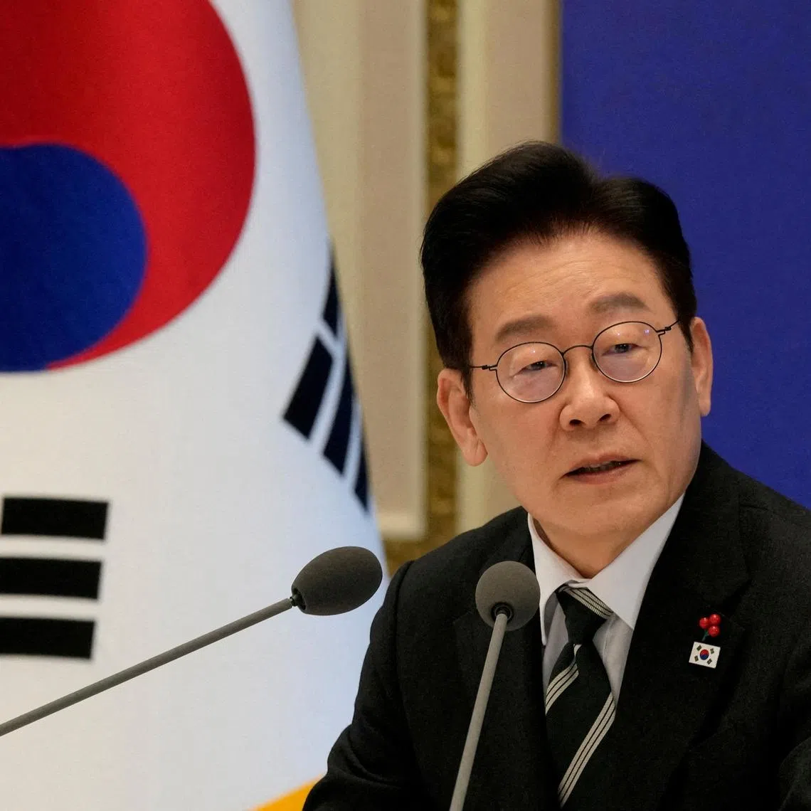 FILE PHOTO: South Korean President Lee Jae Myung speaks during his new year press conference at the presidential Blue House in Seoul, South Korea, Wednesday, Jan. 21, 2026. Ahn Young-joon/Pool via REUTERS/File Photo
