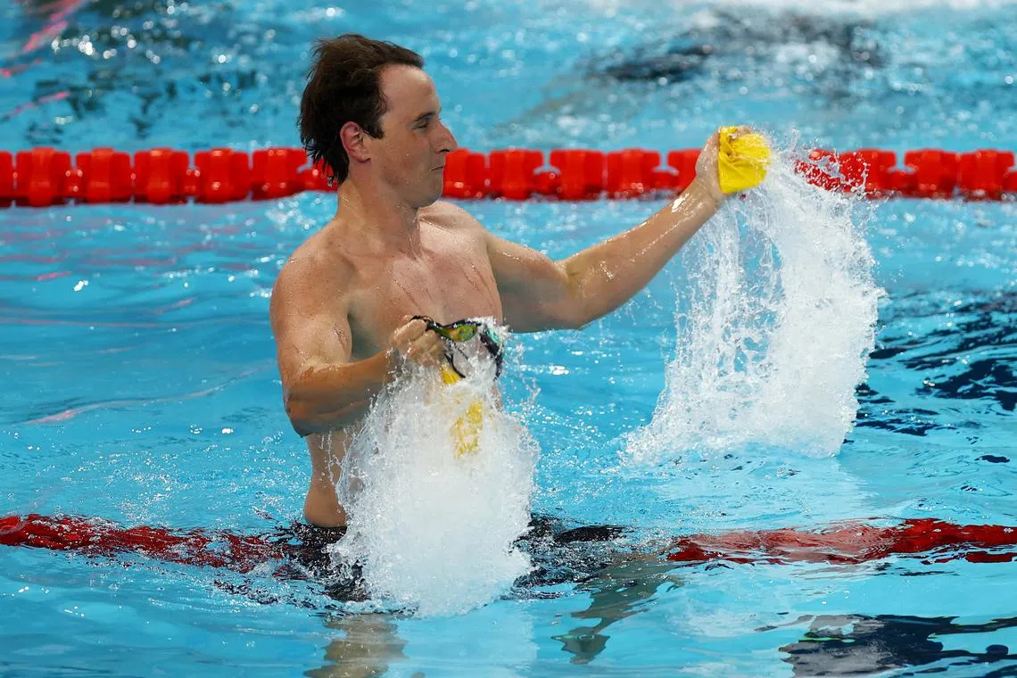 Paris 2024 Olympics - Swimming - Men's 50m Freestyle Final - Paris La Defense Arena, Nanterre, France - August 02, 2024. Cameron McEvoy of Australia celebrates after winning gold REUTERS/Hannah Mckay