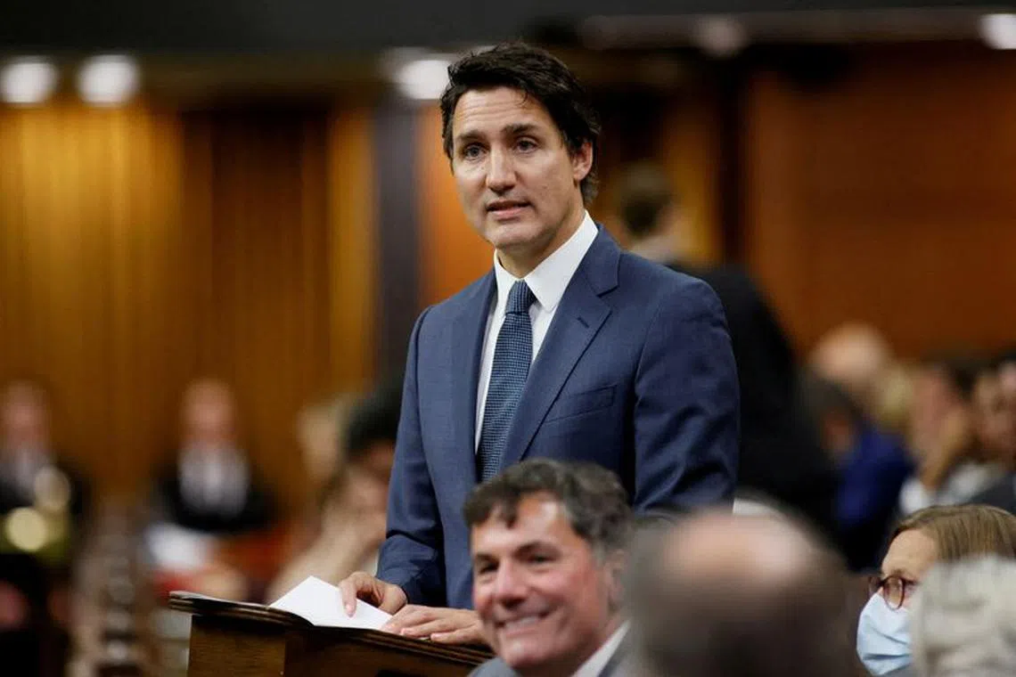 FILE PHOTO: Canada's Prime Minister Justin Trudeau speaks in the House of Commons on Parliament Hill in Ottawa, Ontario, Canada October 3, 2023. REUTERS/Blair Gable/File Photo