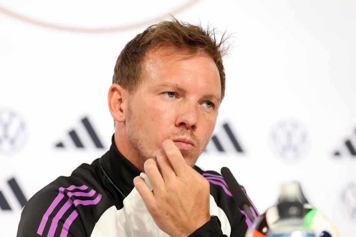 FILE PHOTO: Soccer Football - Euro 2024 - Germany Press Conference - Ernst-Abbe-Sportfeld, Jena, Germany - May 27, 2024 Germany head coach Julian Nagelsmann during the press conference REUTERS/Karina Hessland/File Photo