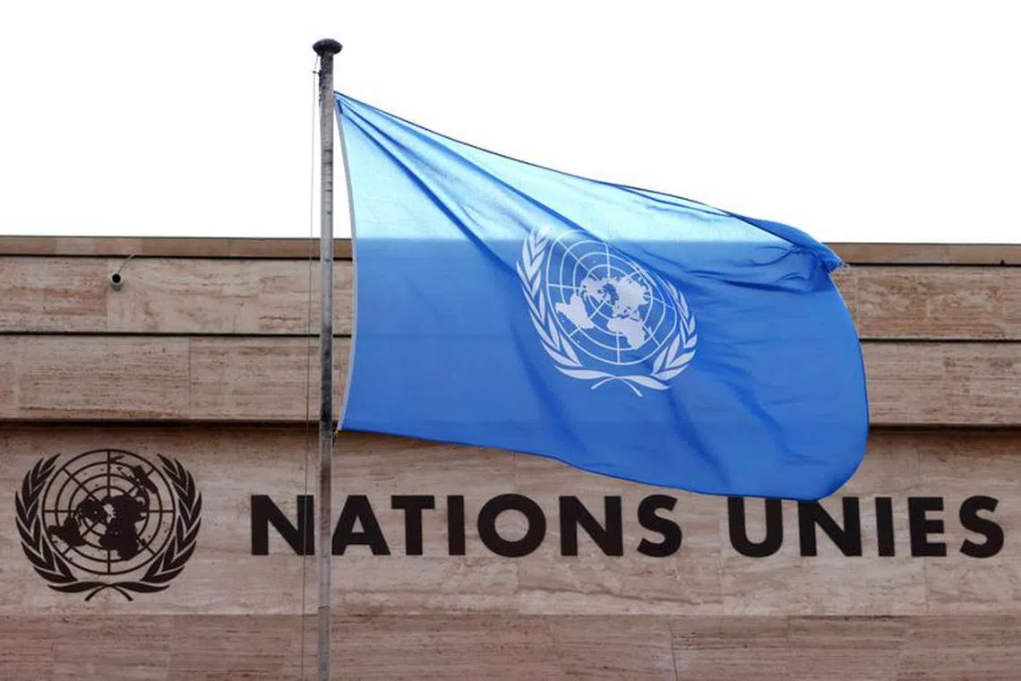A flag is seen on a building during the Human Rights Council at the United Nations in Geneva, Switzerland February 27, 2023. REUTERS/Denis Balibouse