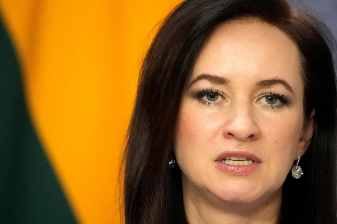 FILE PHOTO: Lithuanian Prime Minister Inga Ruginiene speaks during a news conference in Riga, Latvia December 12, 2025. REUTERS/Ints Kalnins/File Photo