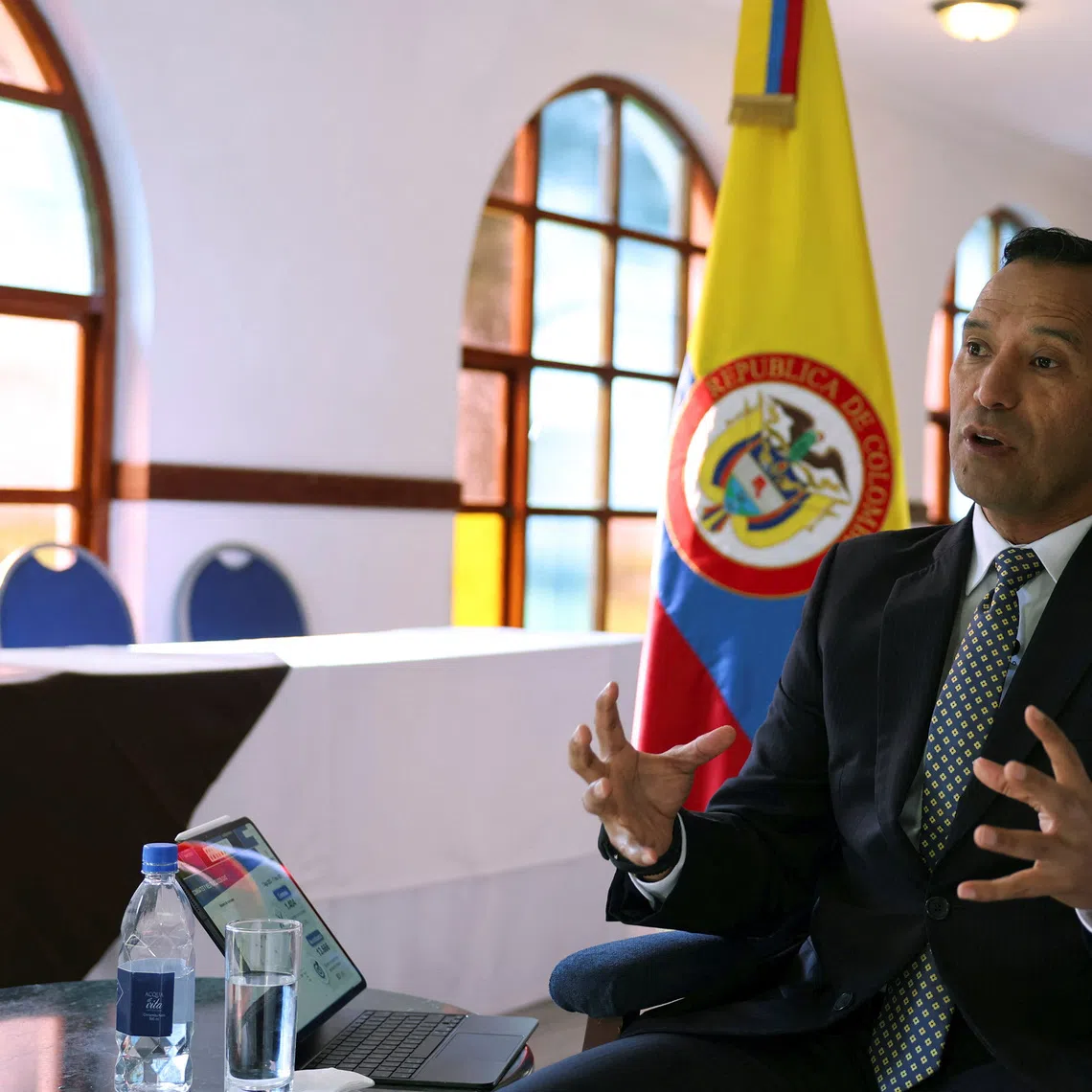 Colombian Minister of Defense, Pedro Arnulfo Sanchez, speaks during an interview with Reuters in Bogota, Colombia, November 19, 2025. REUTERS/Luisa Gonzalez