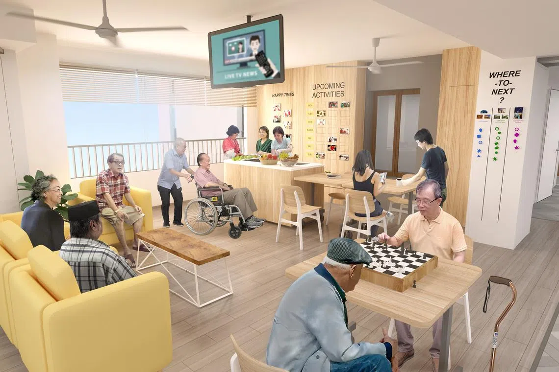 Artist impression of the communal area that will be on every floor of the new Community Care Apartments Harmony Village @ Bukit Batok. 