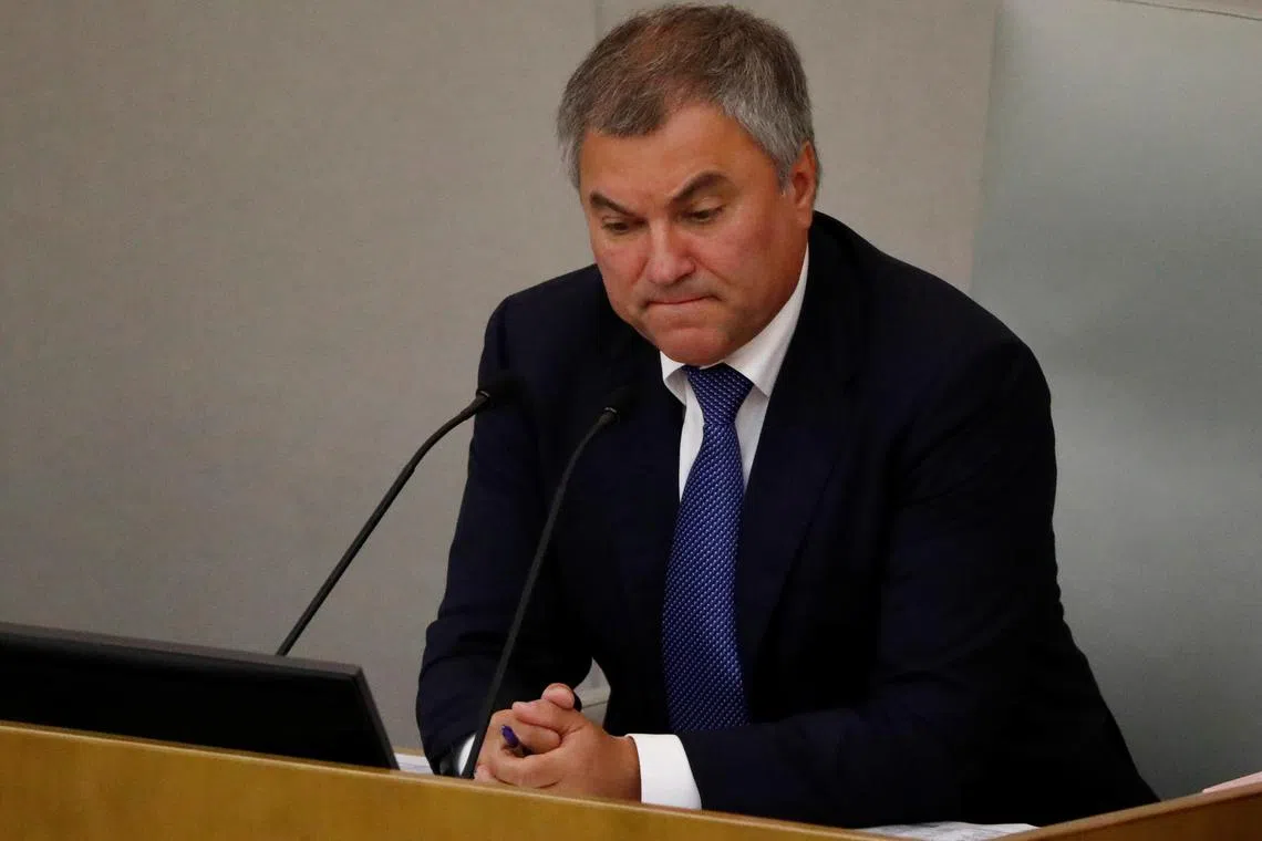 FILE PHOTO: Russian parliament speaker Vyacheslav Volodin attends a session during a vote for the pension reform bill at the State Duma, the lower house of parliament, in Moscow Russia September 26, 2018. REUTERS/Sergei Karpukhin/File Photo