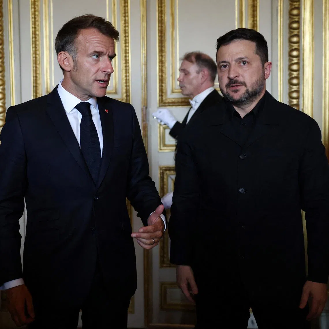 French President Emmanuel Macron and Ukrainian President Volodymyr Zelensky at the Quai d’Orsay in Paris, before a meeting with other leaders involved in the ‘Coalition of the Willing’ supporting Ukraine, on July 13.