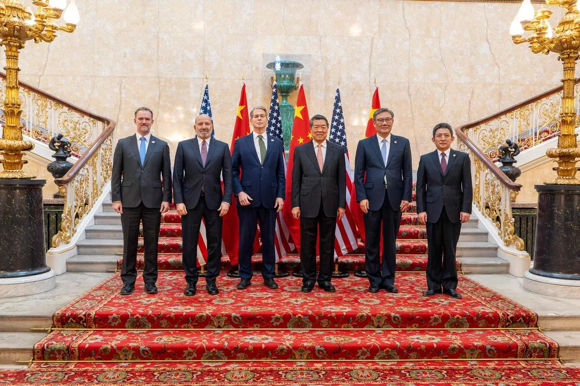 (From left) US Trade Representative Jamieson Greer, US Commerce Secretary Howard Lutnick, US Treasury Secretary Scott Bessent, Chinese Vice-Premier He Lifeng, 
Chinese Commerce Minister Wang Wentao and Chinese International Trade Representative and China International Trade Representative Li Chenggang in London on June 9.