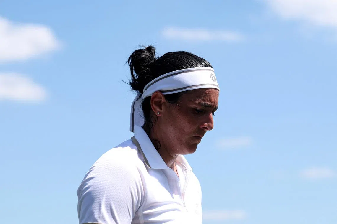FILE PHOTO: Tennis - Wimbledon - All England Lawn Tennis and Croquet Club, London, Britain - June 30, 2025 Tunisia's Ons Jabeur during her first round match against Bulgaria's Viktoriya Tomova REUTERS/Toby Melville/File Photo