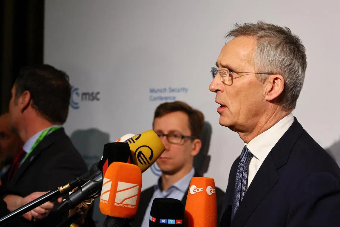 Nato Secretary General Jens Stoltenberg speaks to the media at the Munich Security Conference, on Feb 17, 2023.