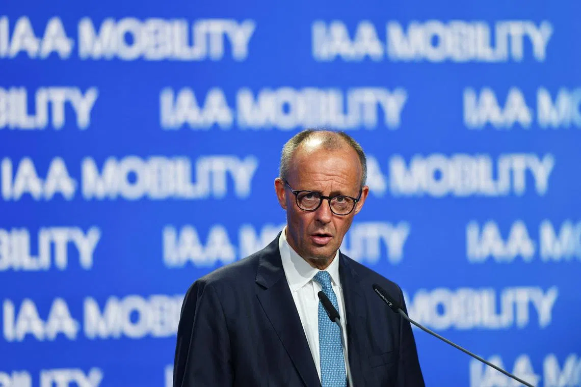 German Chancellor Friedrich Merz makes closing remarks after touring the IAA Mobility 2025 auto show in Munich, Germany, September 9, 2025. REUTERS/Kai Pfaffenbach