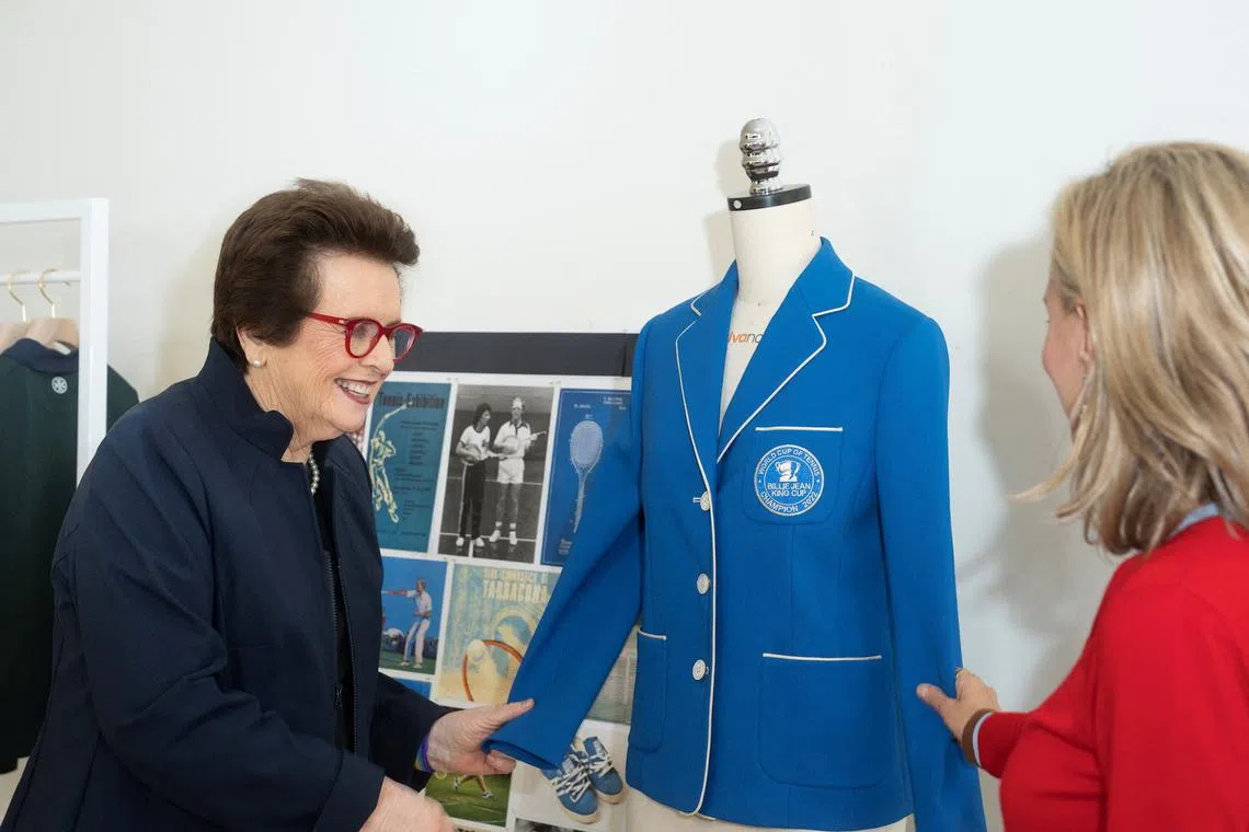Tennis icon Billie Jean King and fashion designer Tory Burch look at the Billie Blue Jacket in New York City.
