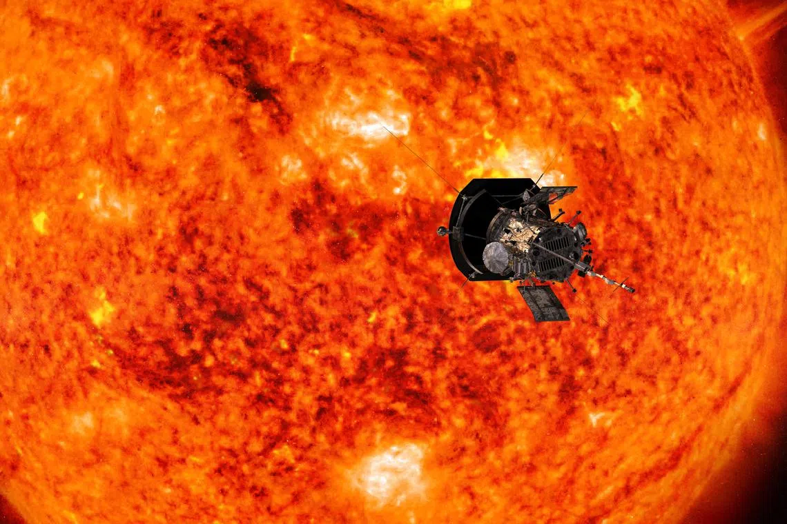 A 2018 artist's concept shows the Parker Solar Probe spacecraft flying into the Sun's outer atmosphere, called the corona, on a mission to help scientists learn more about the Sun.   NASA/Johns Hopkins APL/Steve Gribben/Handout via REUTERS/ File Photo