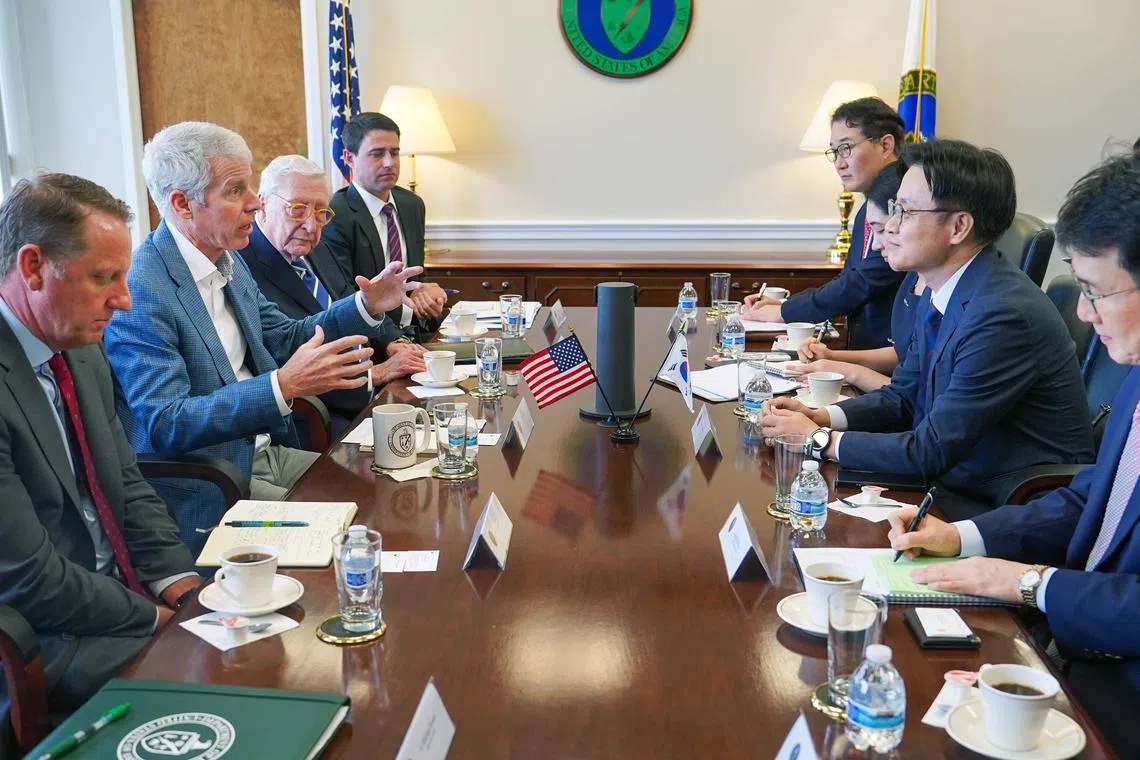 South Korean Industry Minister Kim Jung-kwan (second from right) holds talks with US Energy Secretary Chris Wright (second from left) during their meeting in Washington, DC, on July 24, 2025.