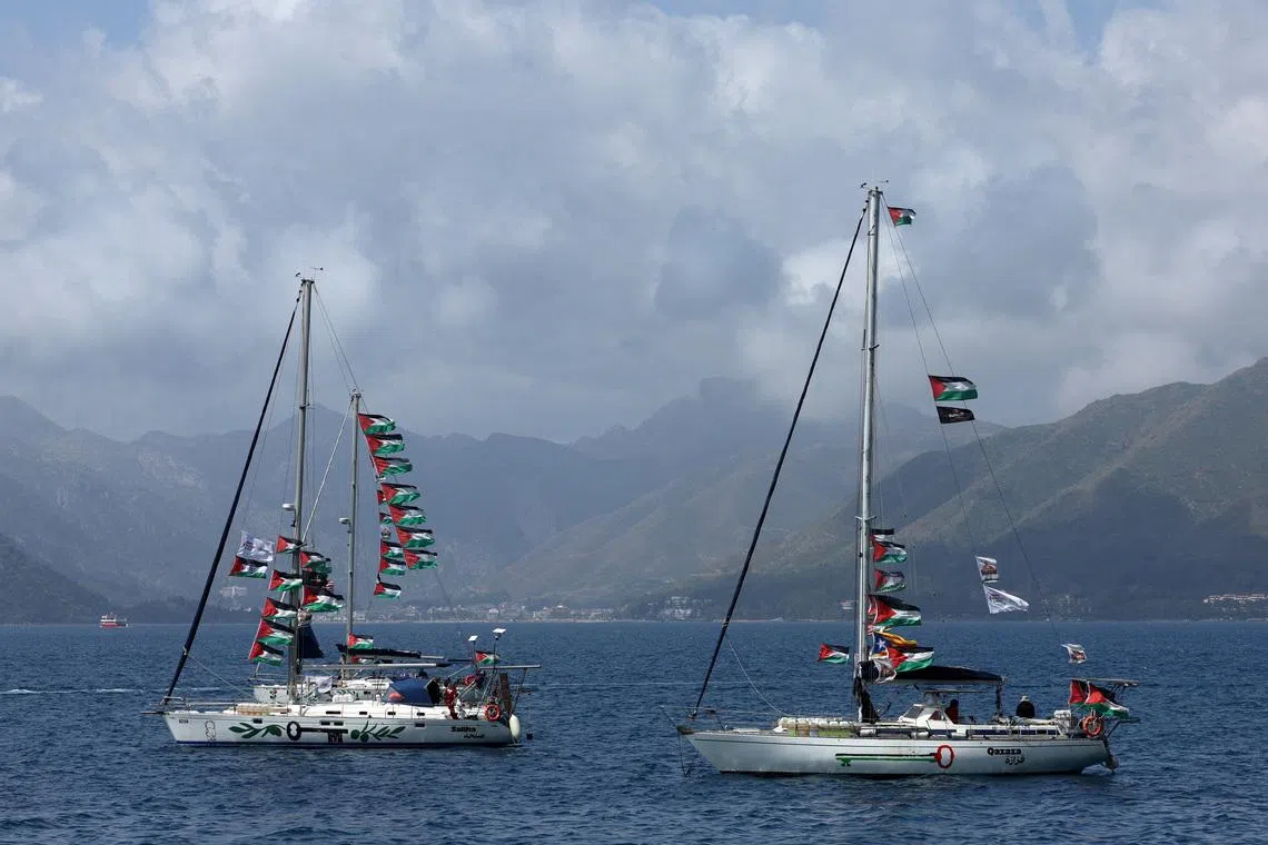 Sailing boats, part of Global Sumud Flotilla aiming to reach Gaza and break Israel’s naval blockade, are pictured before their departure in the southern Turkish resort of Marmaris, Turkey, on May 14.
