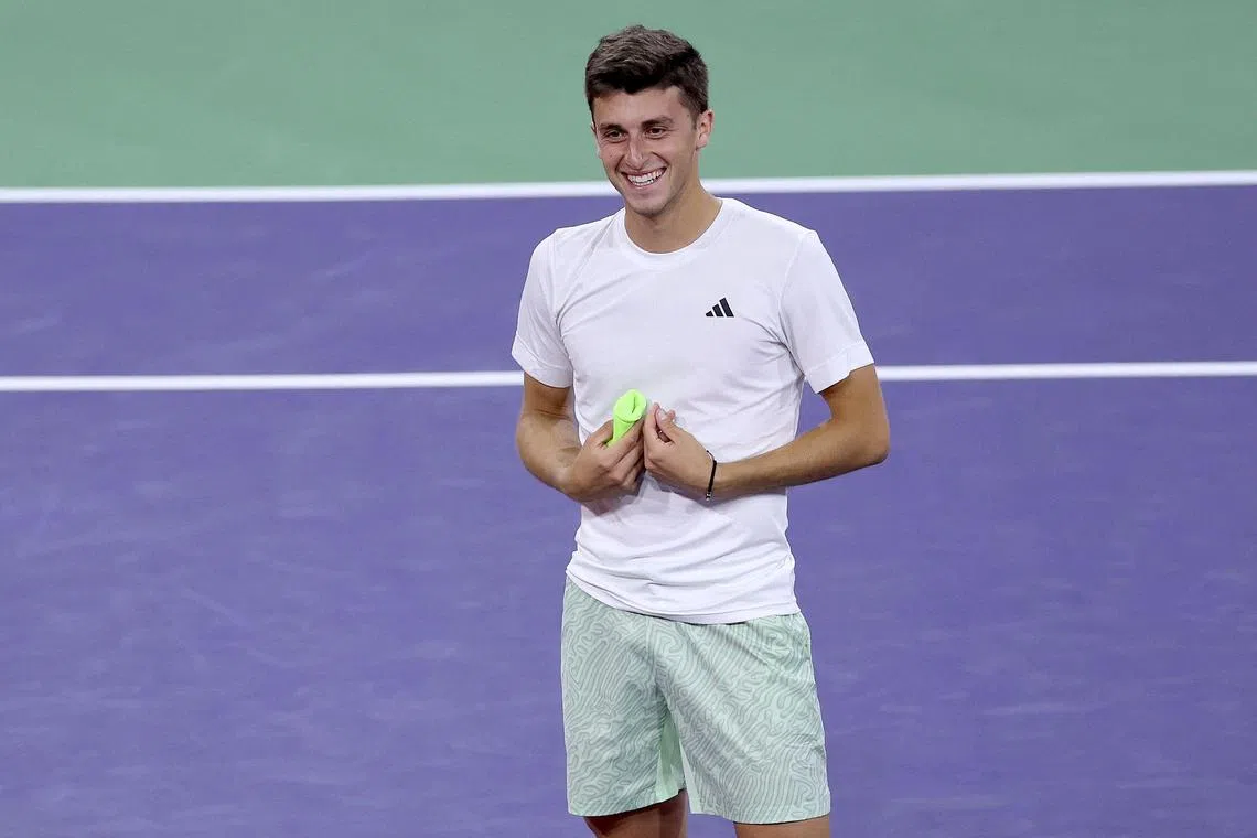 Luca Nardi of Italy celebrates his win against Novak Djokovic at the BNP Paribas Open at Indian Wells.