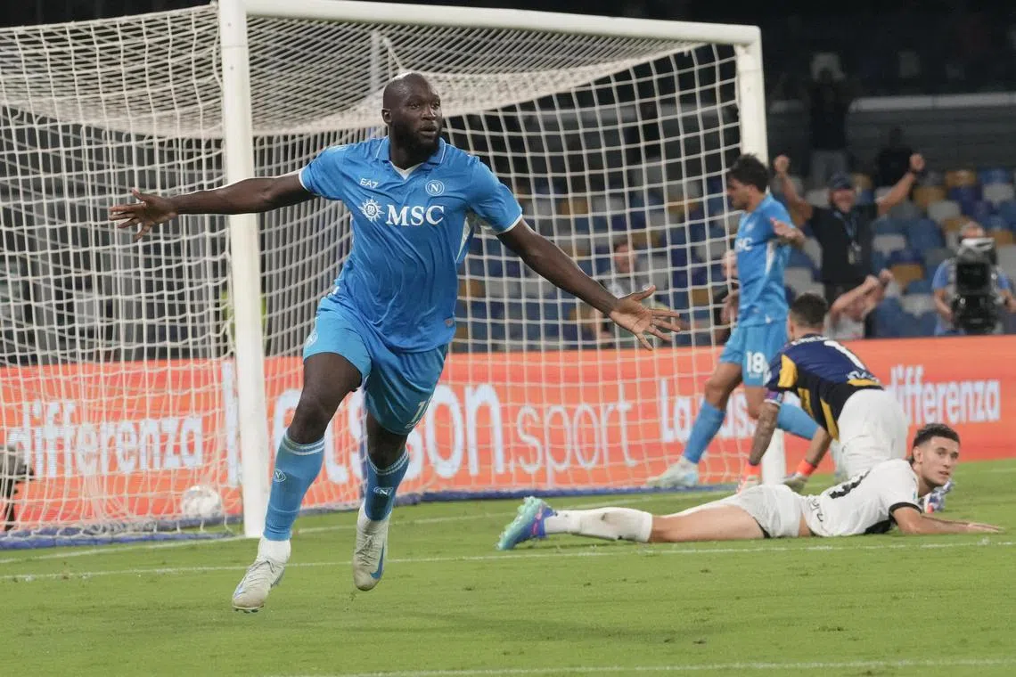 Napoli’s new forward Romelu Lukaku jubilates with teammates after equalising in the Italian Serie A match against Parma on Aug 31, 2024.