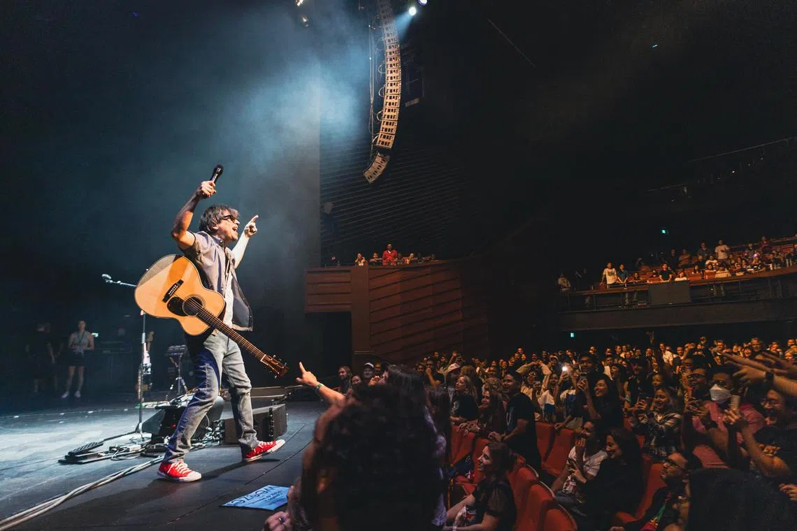 Rivers Cuomo, singer of American alternative rock band Weezer, endeared himself to the local audience at their Singapore concert.