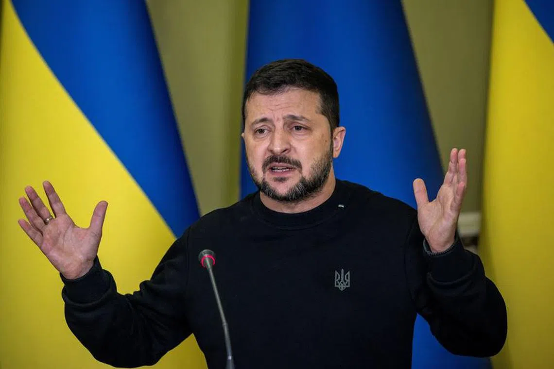 Ukrainian President Volodymyr Zelenskiy attends a joint press conference with European Commission President Ursula von der Leyen (not pictured), amid Russia's attack on Ukraine, in Kyiv, Ukraine November 4, 2023.  REUTERS/Thomas Peter