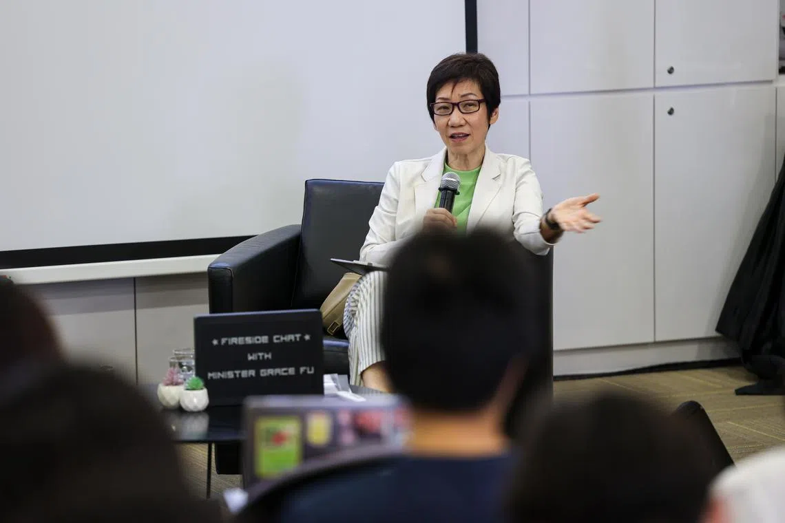 Minister Grace Fu speaking to the media during the Climate Youth Development Programme at the Halogen Foundation on Oct 21. 