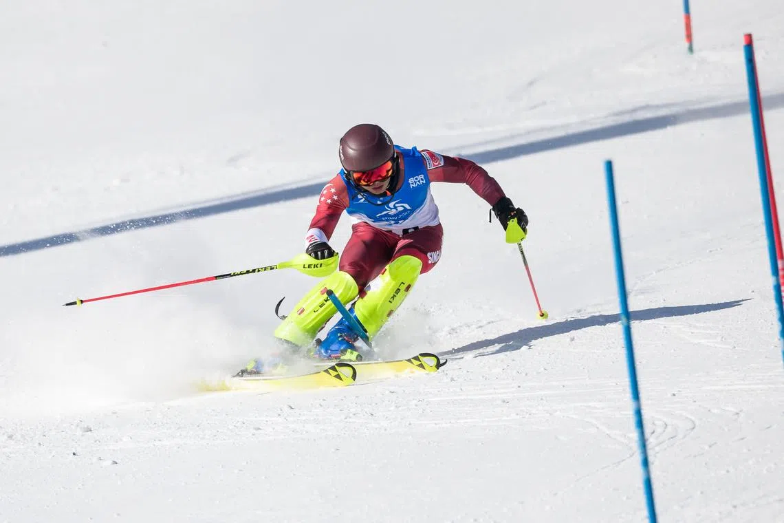 2025 Asian Winter Games - Alpine Skiing - Men's Slalom - Run 1 - Alpine Skiing Slalom Stadium, Harbin, China - 20250209 Singapore’s BASHA Faiz in action. Mandatory Credit: SNOC/ Andy Chua