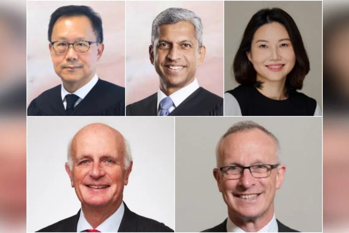 (Clockwise from top left) Justice Ang Cheng Hock, Justice Hri Kumar Nair, Ms Low Siew Ling, Justice David John Goddard and Justice Sir Nigel Teare.