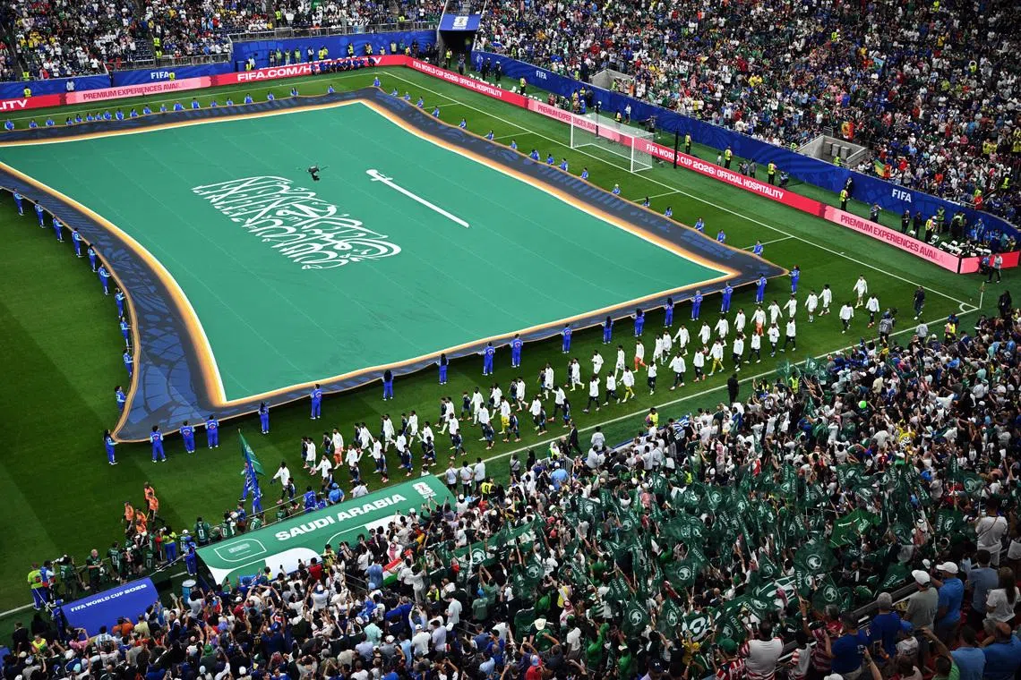The Saudi Arabia flag is displayed before the team took on Cape Verde during the 2026 World Cup.